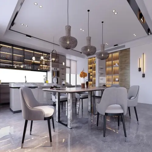 kitchen with glossy epoxy coated floors