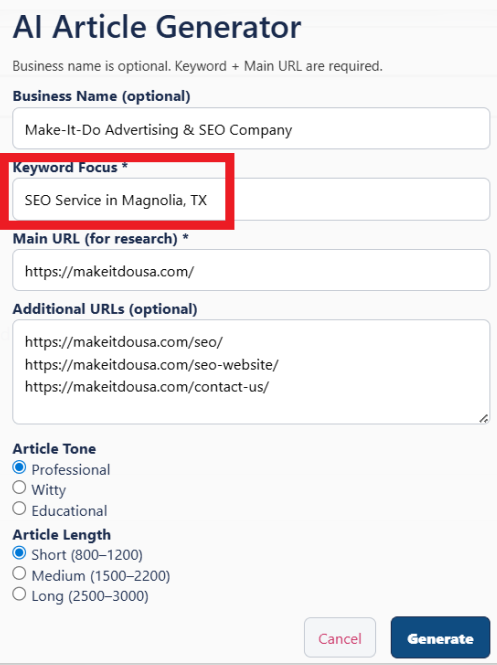 Using Z1BIZ's AI generator to focus article on keyword and geolocate for business.